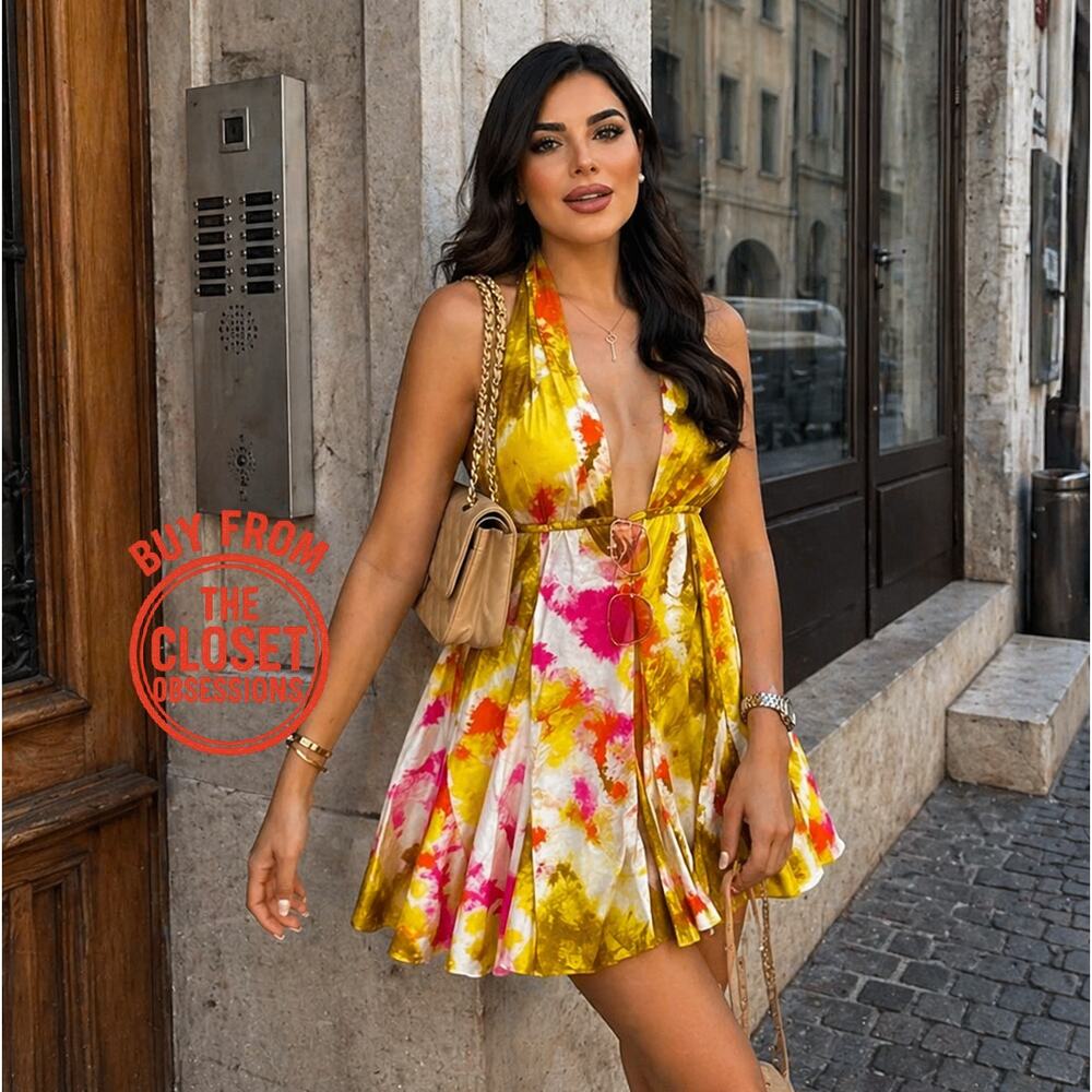 ZARA Yellow Floral Halter Mini Dress Open Back Resort Vacation Sundress NWT - Picture 9 of 16